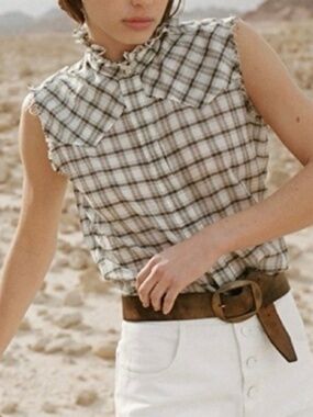 Nili Lotan Feora Western Sleeveless Top Plaid Ruffle Size L
